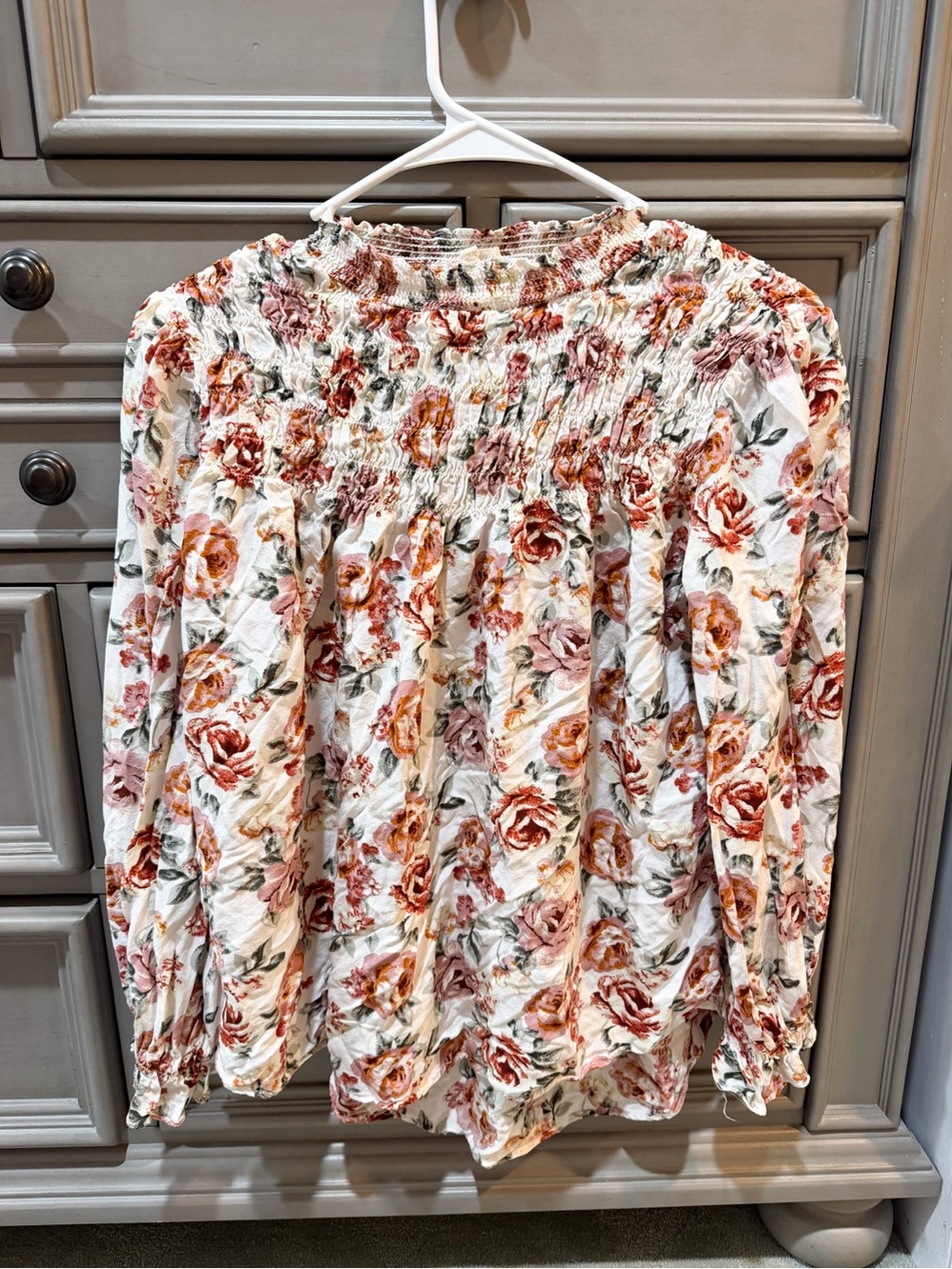 JODIFL Cream Floral Smocked Off-Shoulder Blouse with Pink and Rust Roses